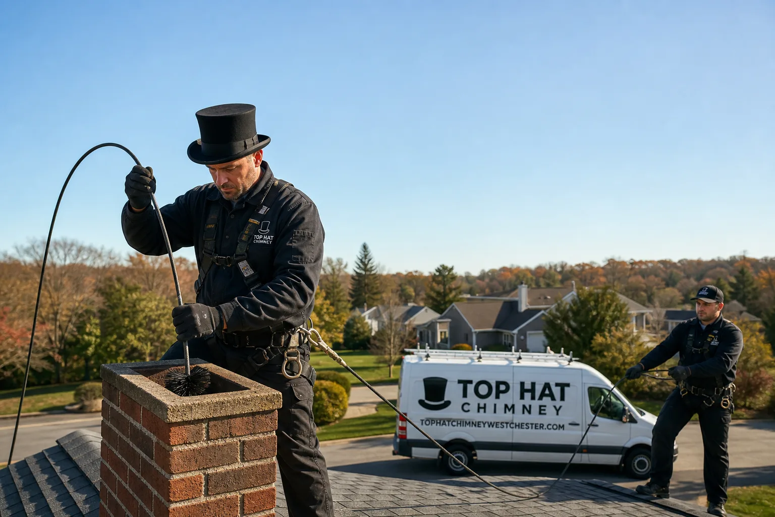Top Hat Chimney chimney cleaning service vehicle and crew in Westchester County, NY
